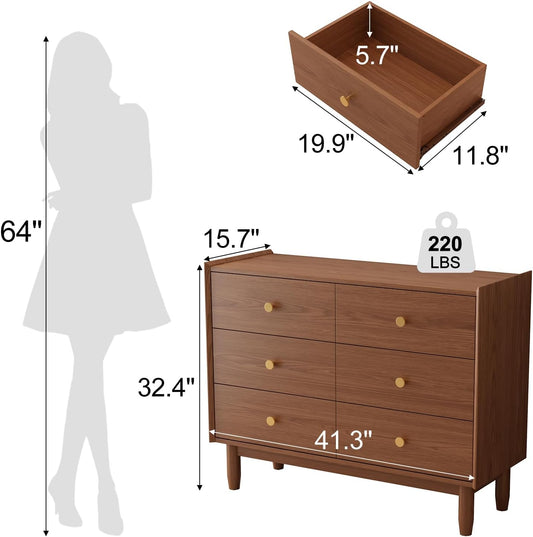 6 Drawer Dresser for Bedroom,41.2" W Wood Chest of Drawers with Large Storage Cabinet