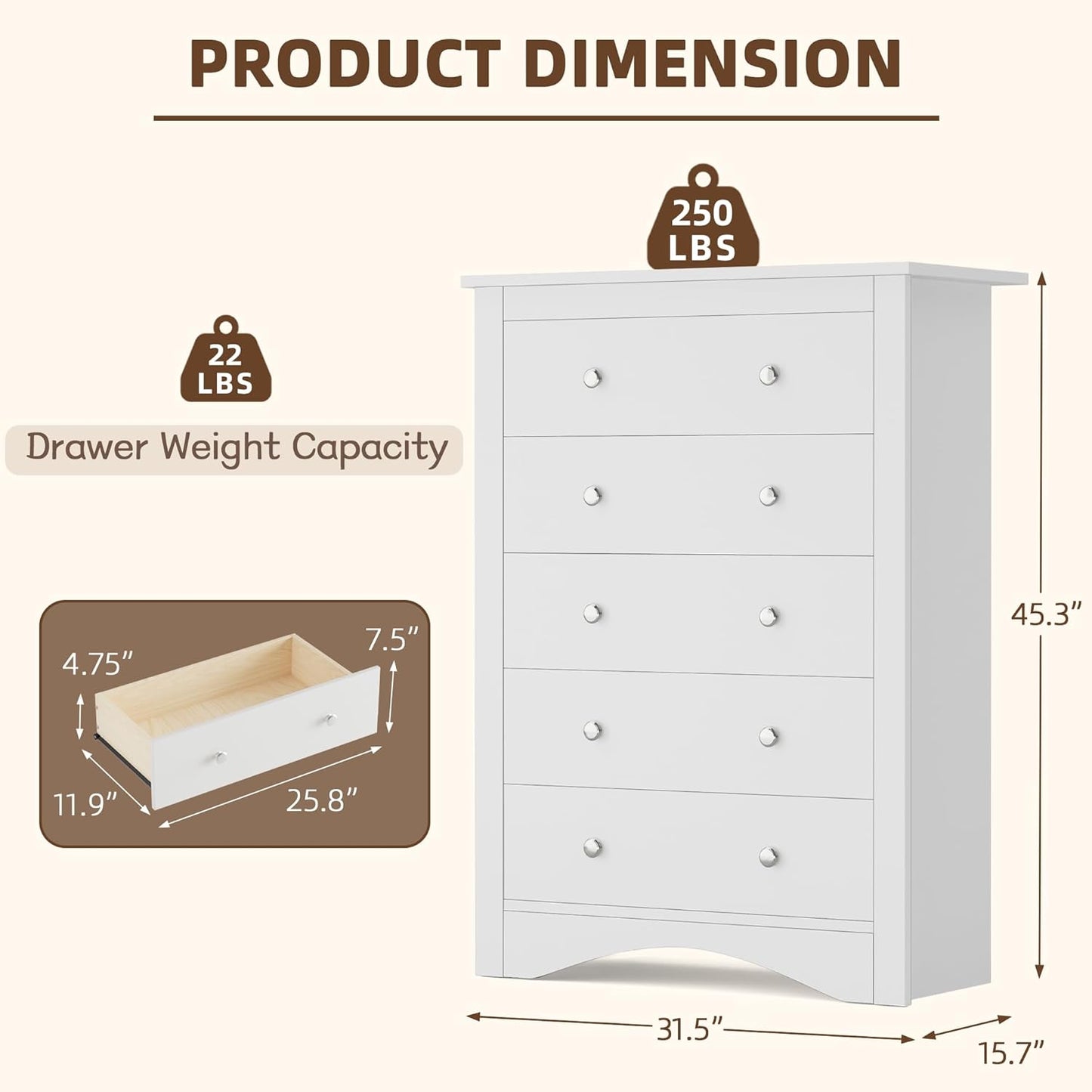 Tall Dresser for Bedroom with 5 Drawers Modern Chest of Drawers