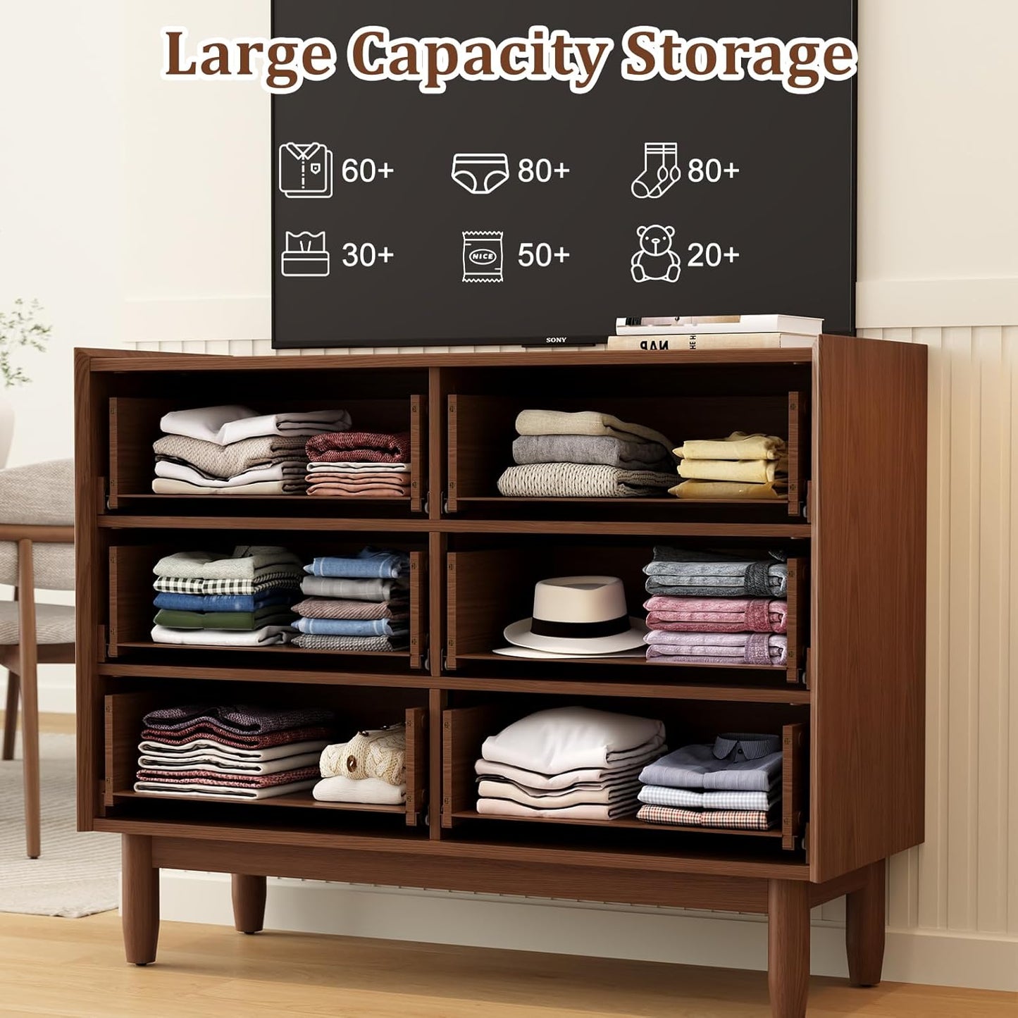 6 Drawer Dresser for Bedroom,41.2" W Wood Chest of Drawers with Large Storage Cabinet