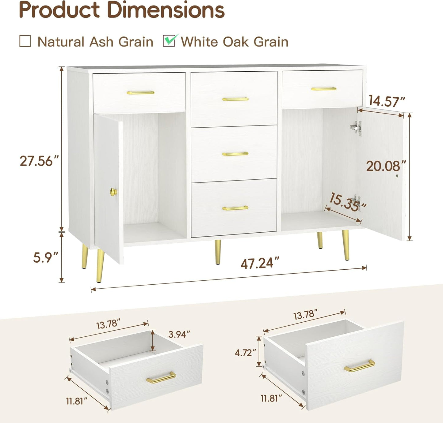Wood 5 Drawer Dresser for Bedroom with 2 Doors