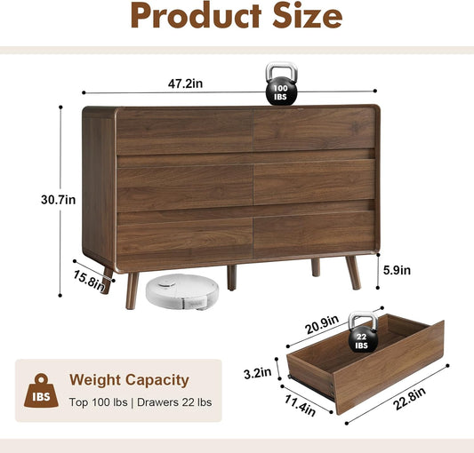 6 Drawer Dresser for Bedroom, Mid Century Modern Dressers