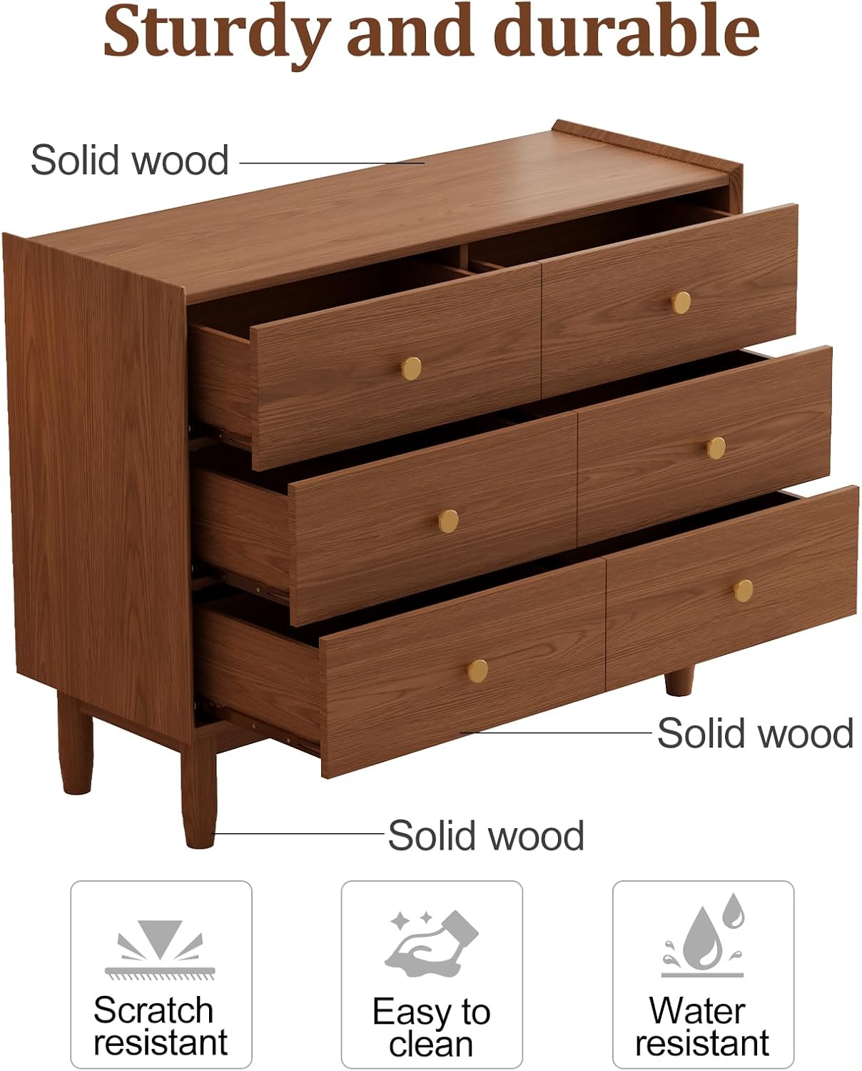 6 Drawer Dresser for Bedroom,41.2" W Wood Chest of Drawers with Large Storage Cabinet