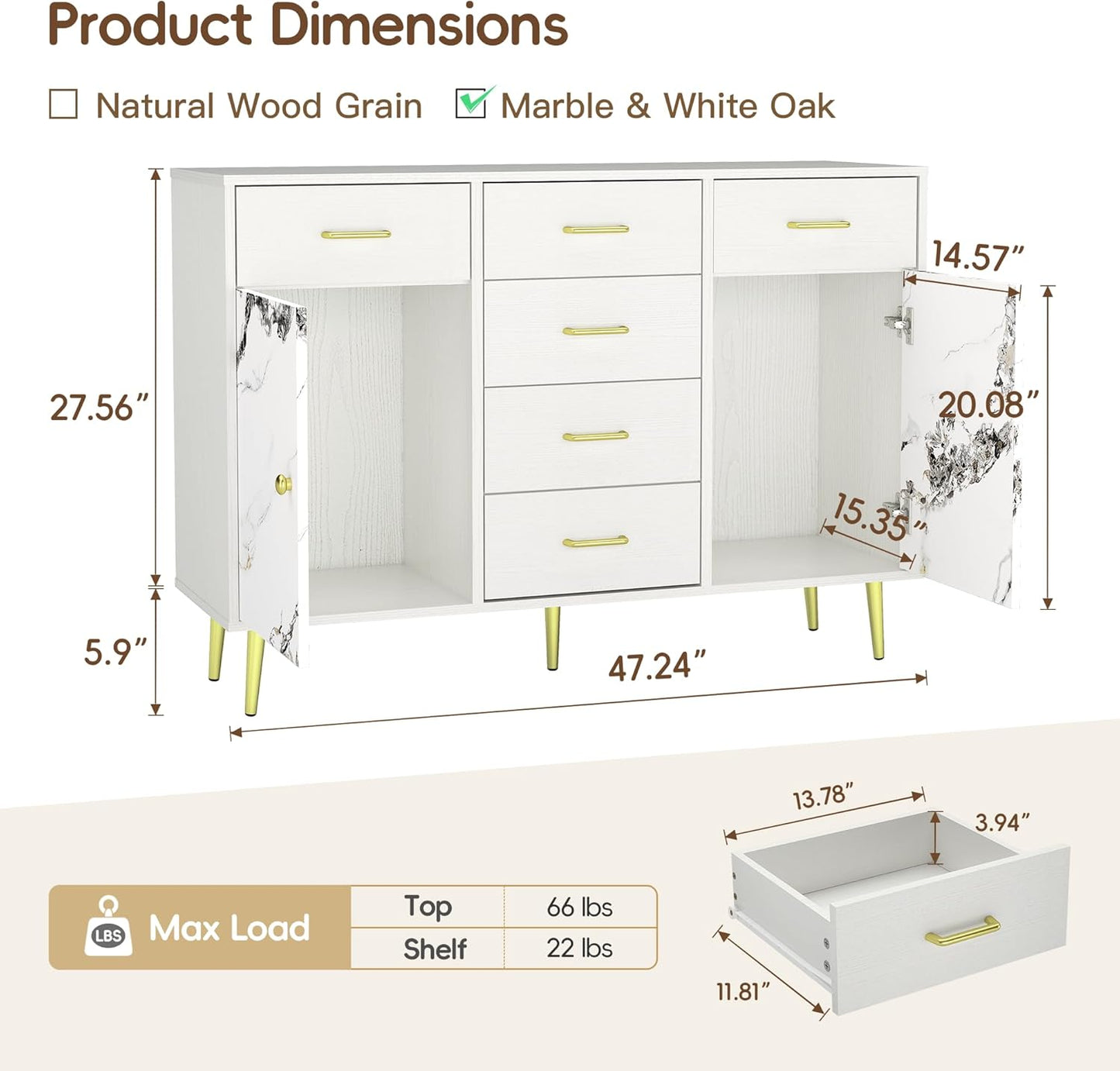 Wood 5 Drawer Dresser for Bedroom with 2 Doors