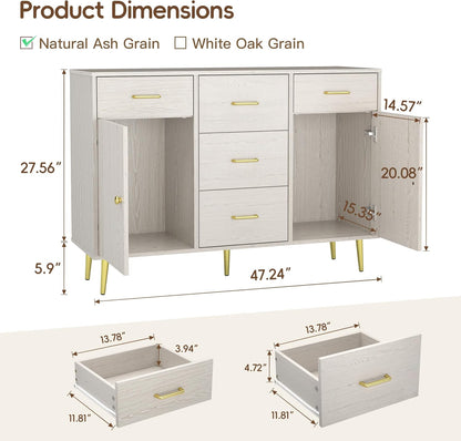 Wood 5 Drawer Dresser for Bedroom with 2 Doors