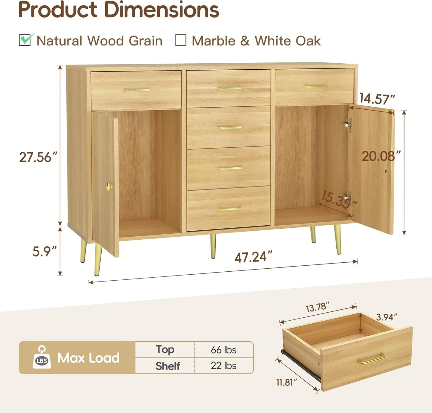 Wood 5 Drawer Dresser for Bedroom with 2 Doors