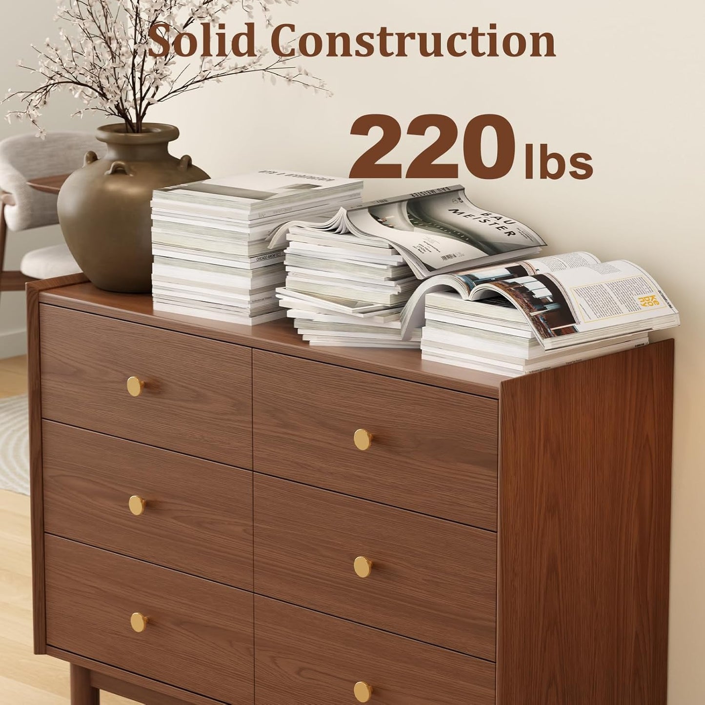 6 Drawer Dresser for Bedroom,41.2" W Wood Chest of Drawers with Large Storage Cabinet