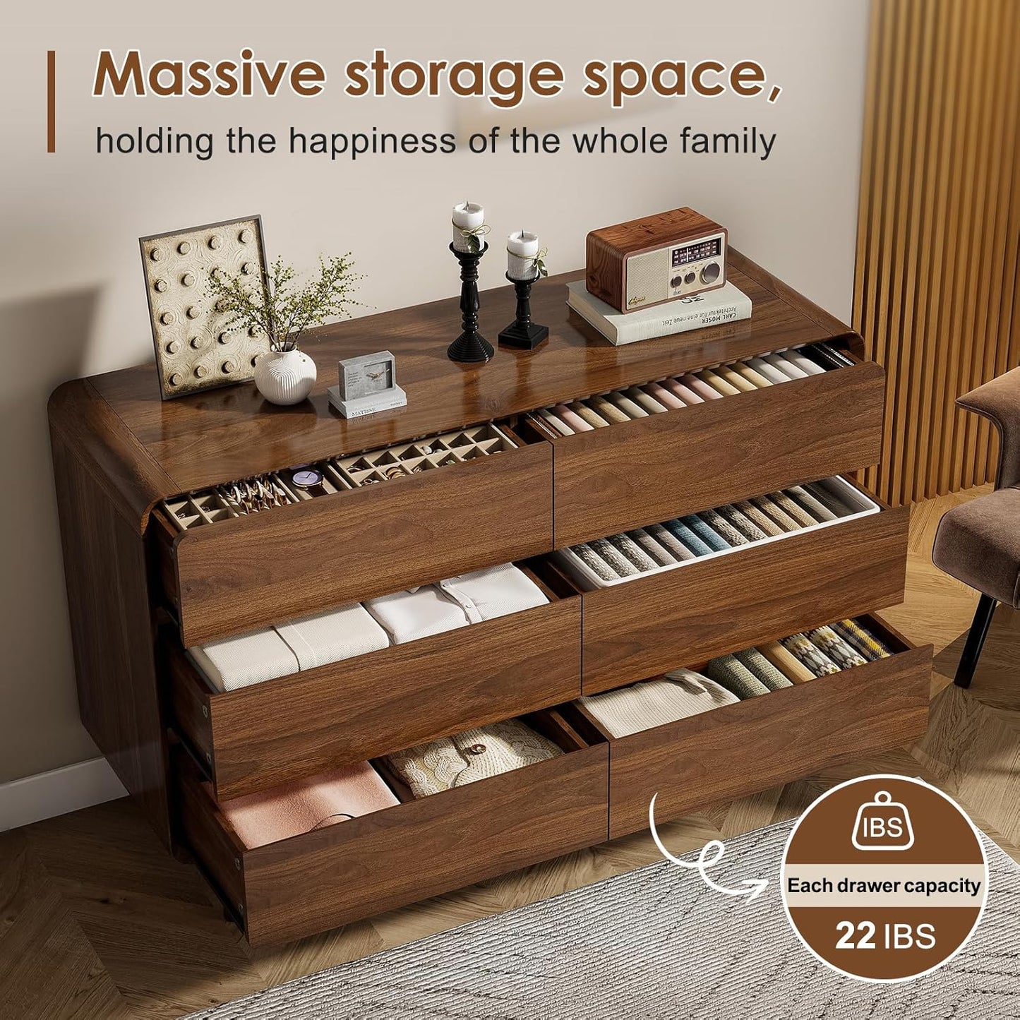 6 Drawer Dresser for Bedroom, Mid Century Modern Dressers