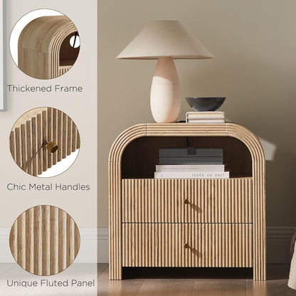 24" Fluted Nightstand Set of 2, Large 2 Drawers Bedside Table with Charging Station