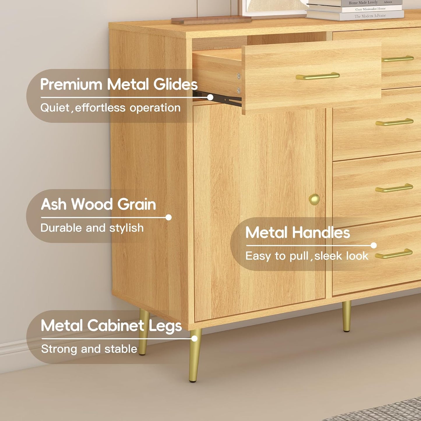 Wood 5 Drawer Dresser for Bedroom with 2 Doors