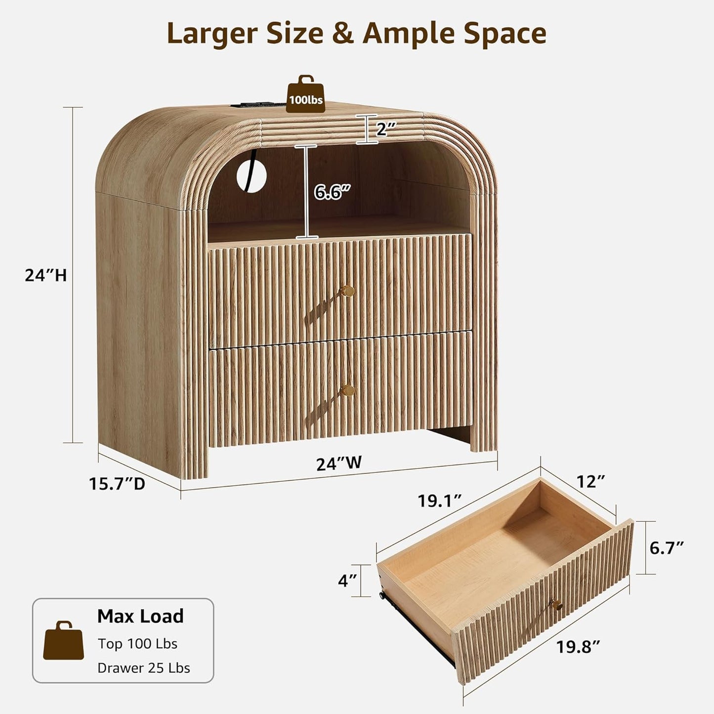 24" Fluted Nightstand Set of 2, Large 2 Drawers Bedside Table with Charging Station