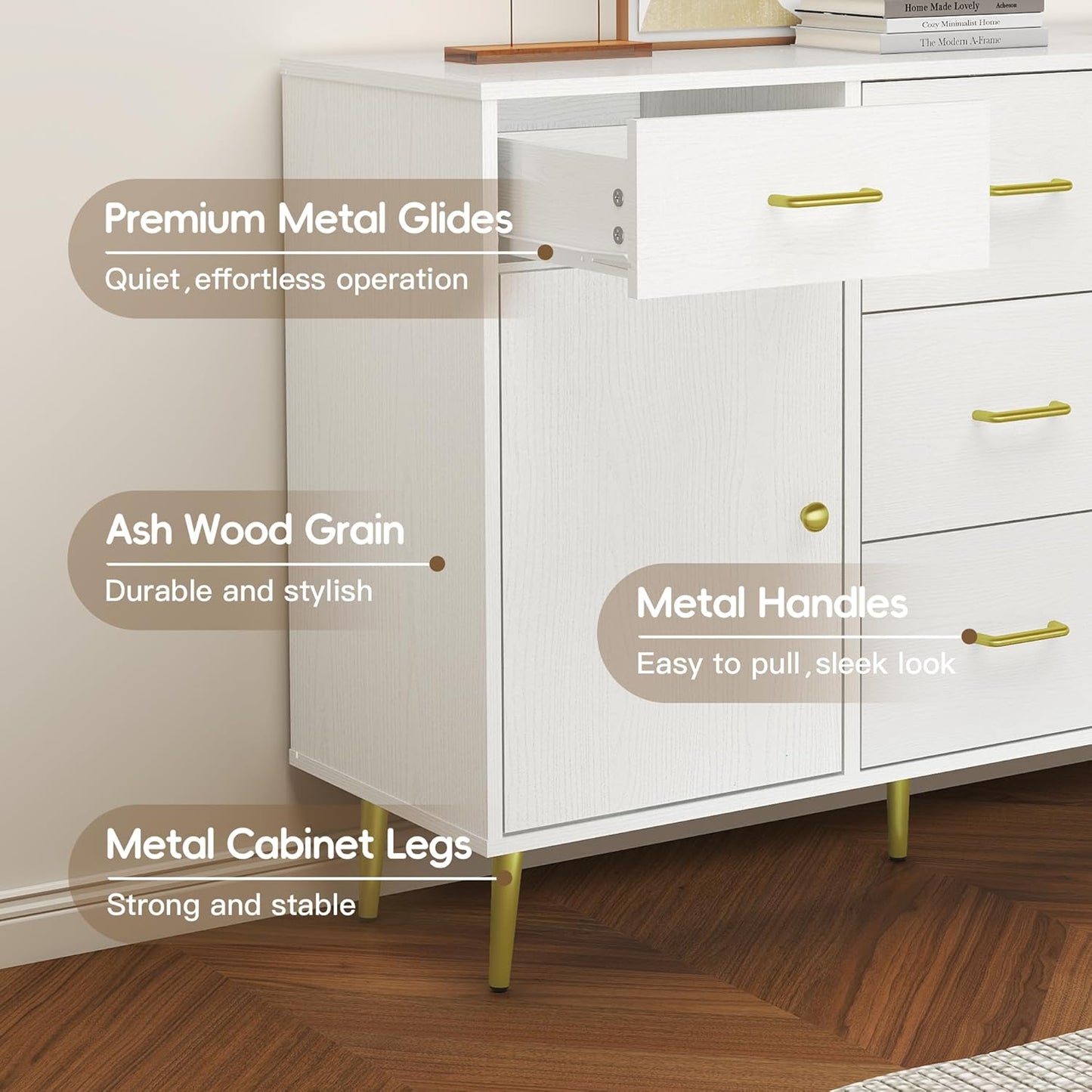 Wood 5 Drawer Dresser for Bedroom with 2 Doors