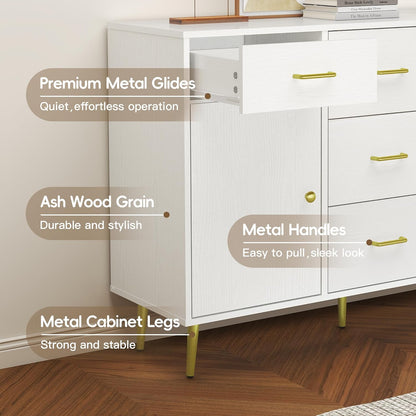 Wood 5 Drawer Dresser for Bedroom with 2 Doors