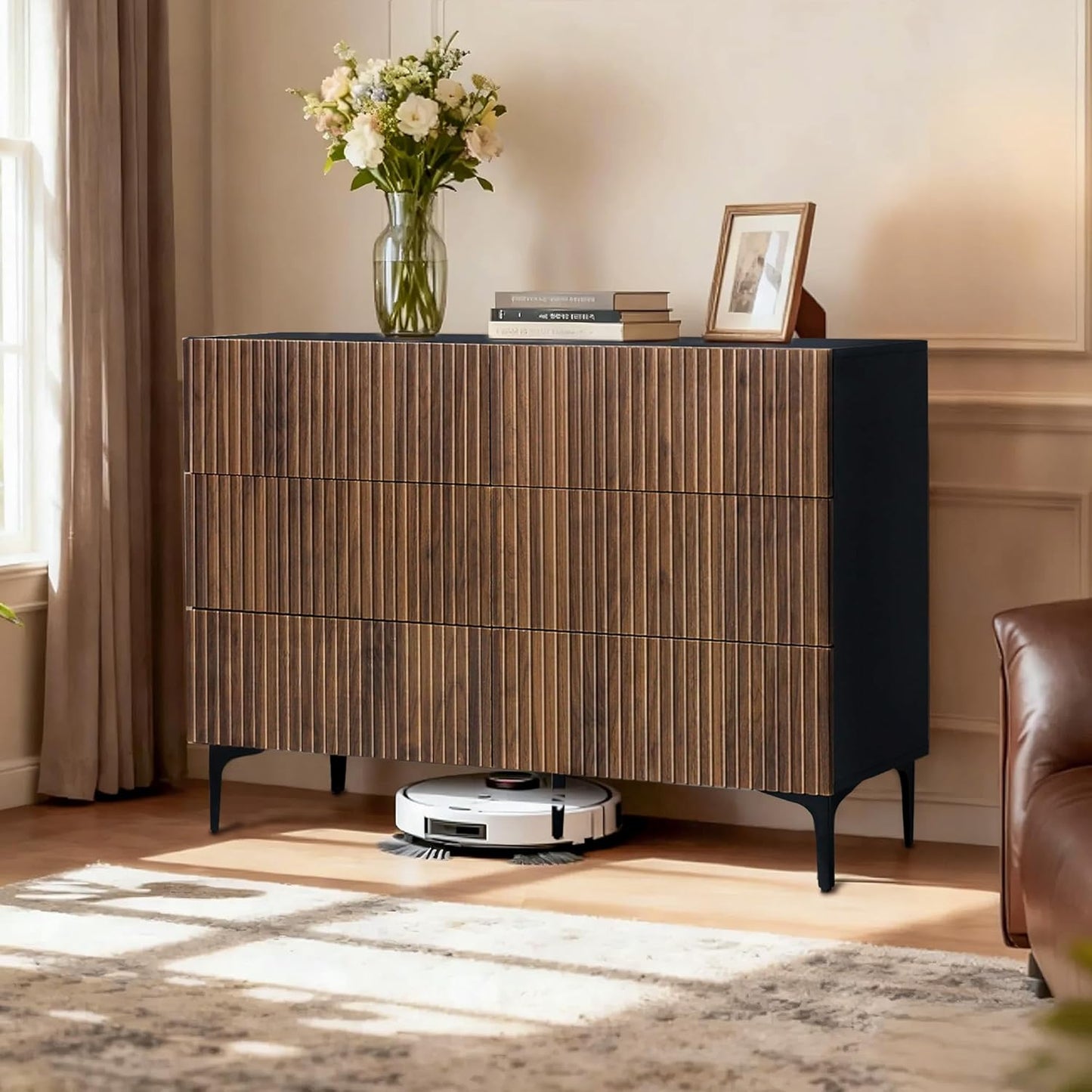 Walnut Drawers Dresser, Fluted Chest of 6 Drawers Dresser TV Stand