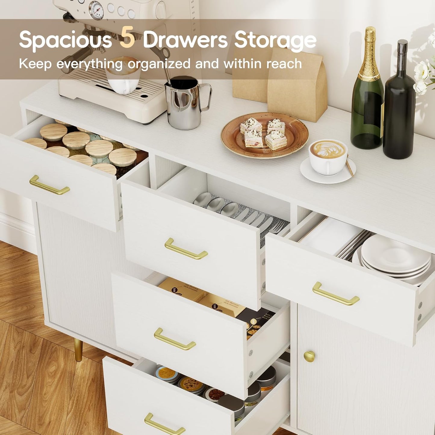 Wood 5 Drawer Dresser for Bedroom with 2 Doors