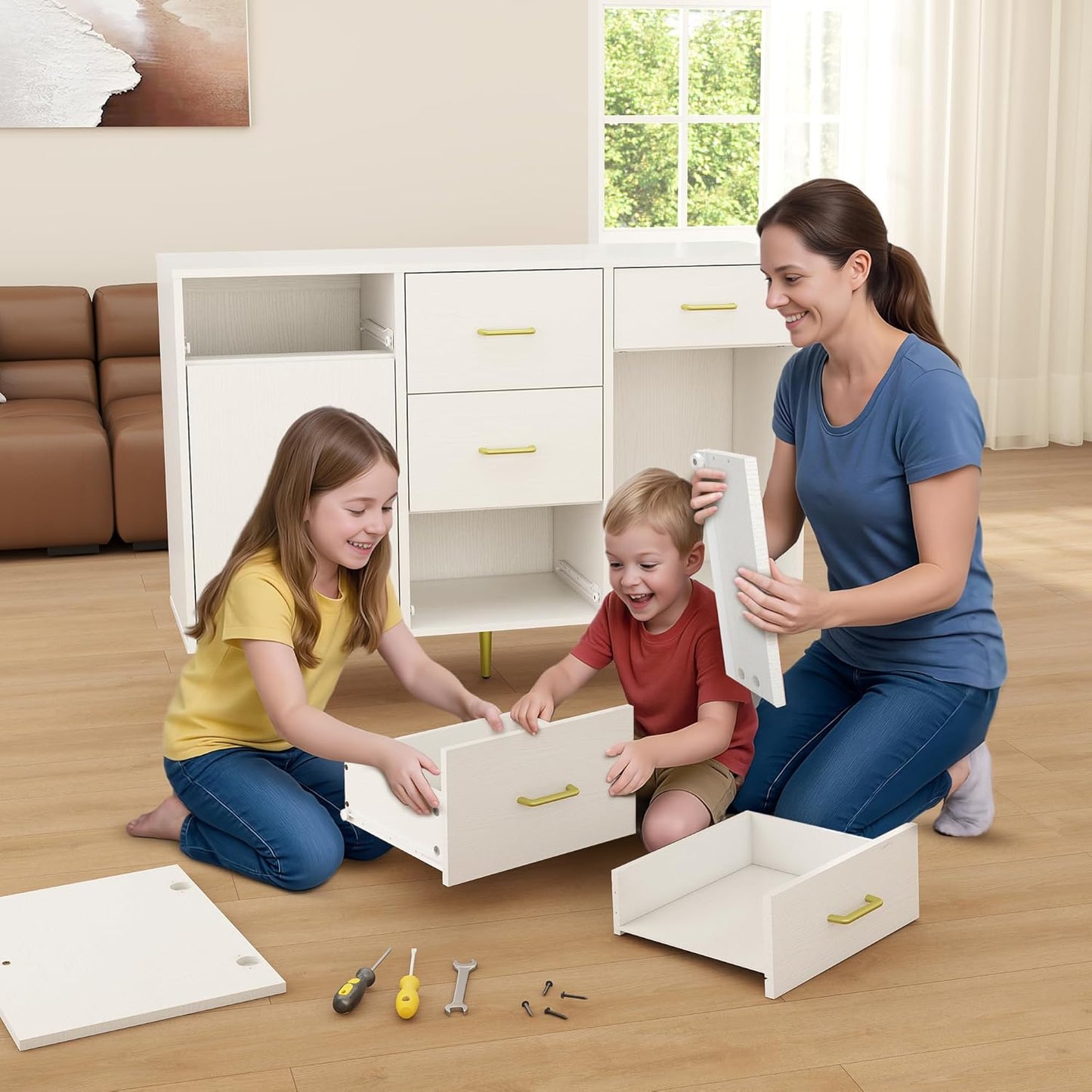 Wood 5 Drawer Dresser for Bedroom with 2 Doors