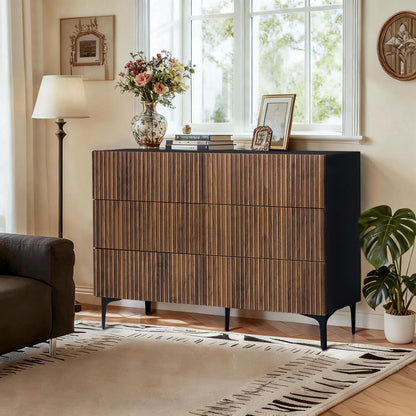 Walnut Drawers Dresser, Fluted Chest of 6 Drawers Dresser TV Stand