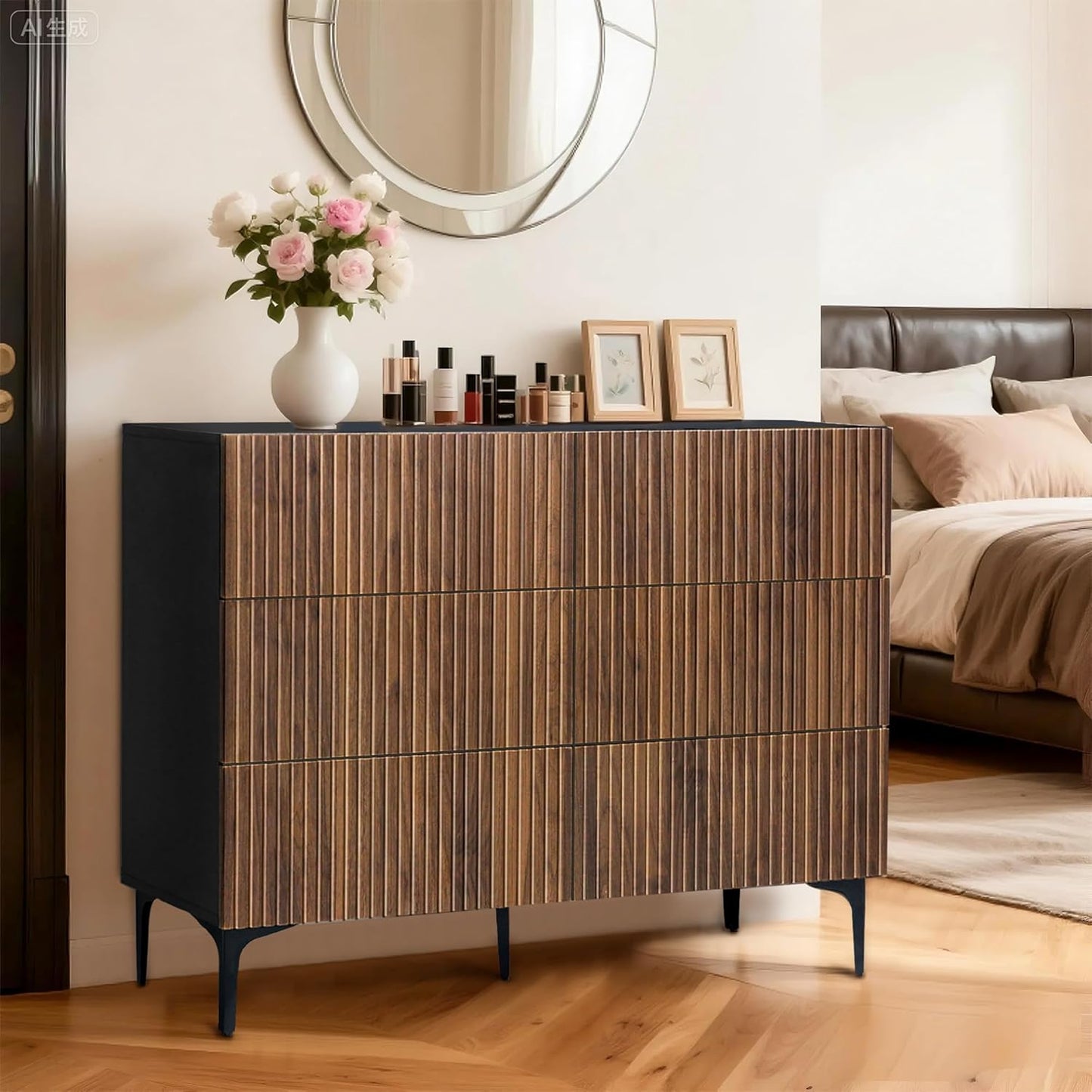 Walnut Drawers Dresser, Fluted Chest of 6 Drawers Dresser TV Stand