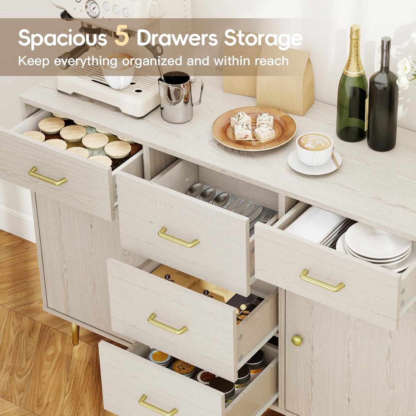 Wood 5 Drawer Dresser for Bedroom with 2 Doors