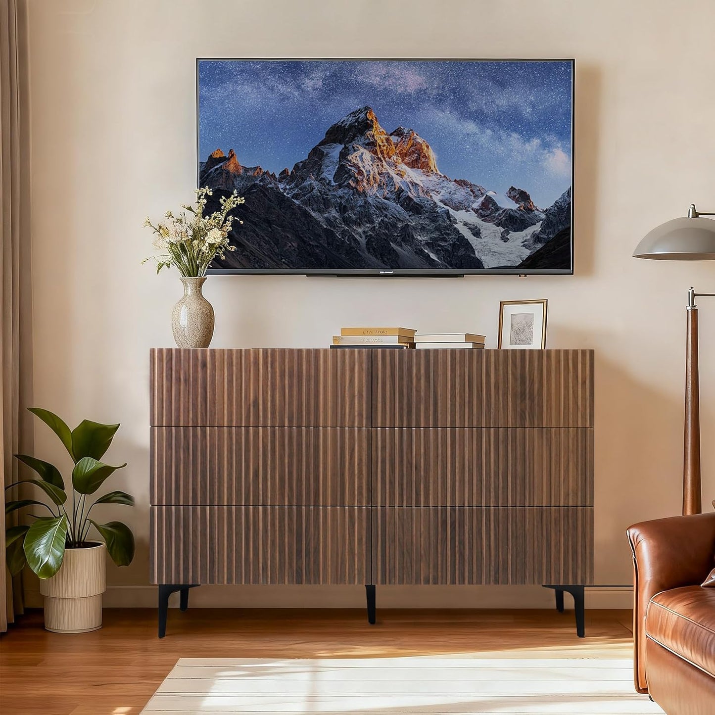 Walnut Drawers Dresser, Fluted Chest of 6 Drawers Dresser TV Stand