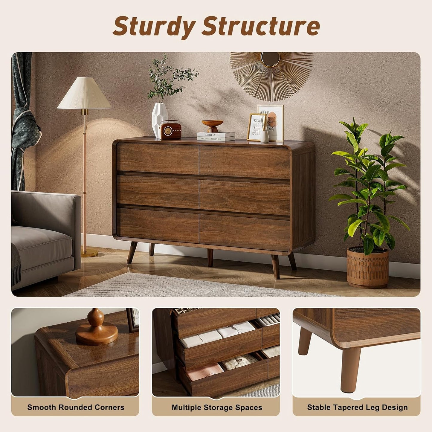 6 Drawer Dresser for Bedroom, Mid Century Modern Dressers