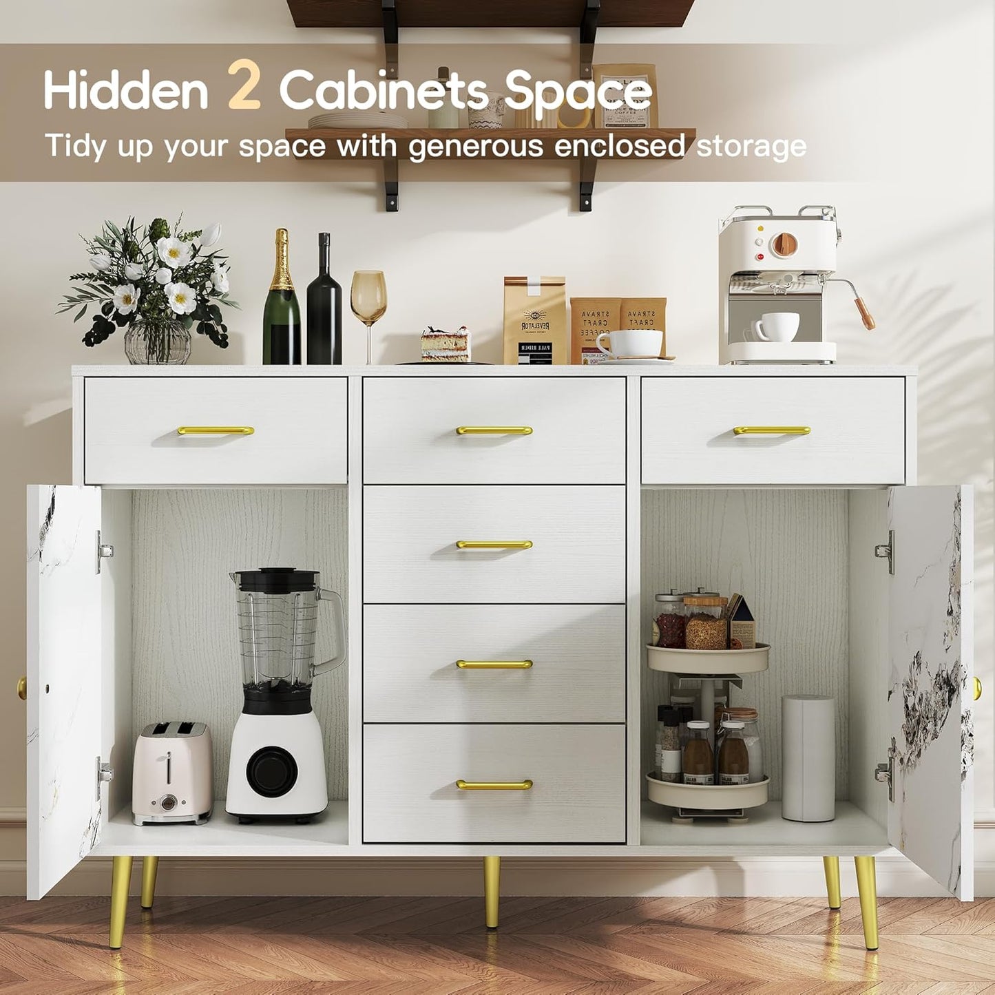 Wood 5 Drawer Dresser for Bedroom with 2 Doors