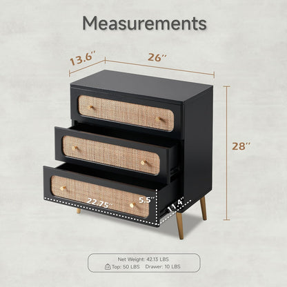 Wicker Rattan Chest of Drawers, 3-Drawer Dresser