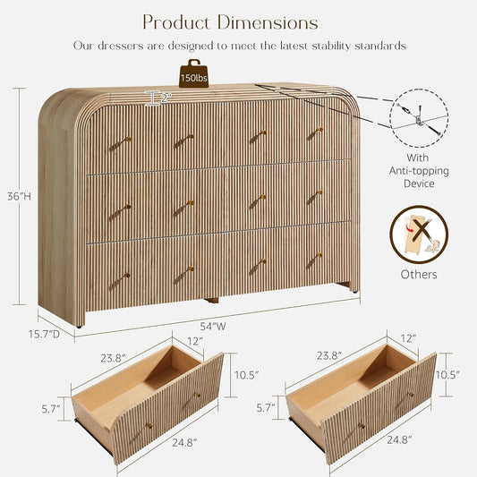 Fluted 6 Drawers Dresser for Bedroom 54" Wide Modern Chest of Drawers