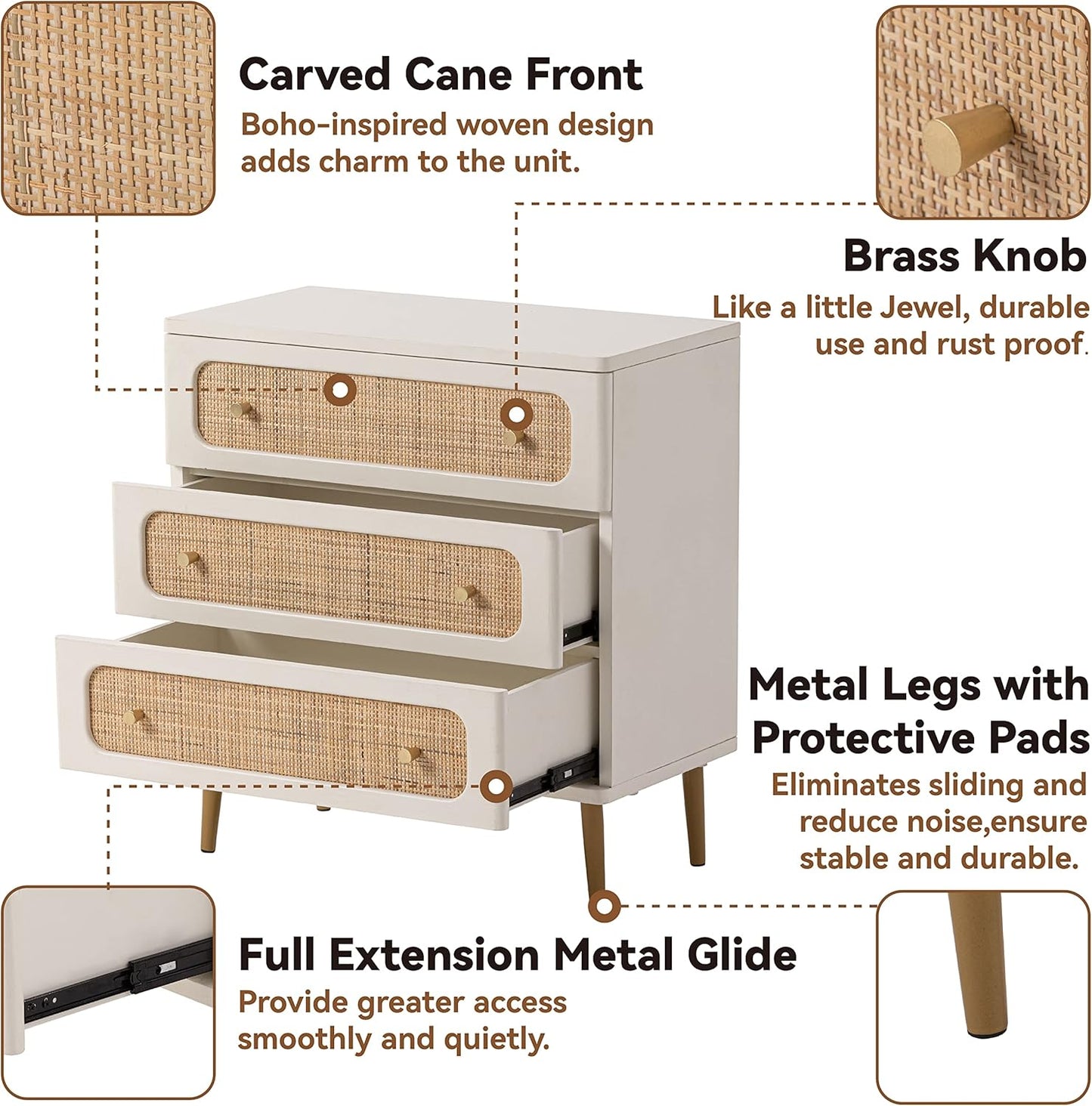 Wicker Rattan Chest of Drawers, 3-Drawer Dresser