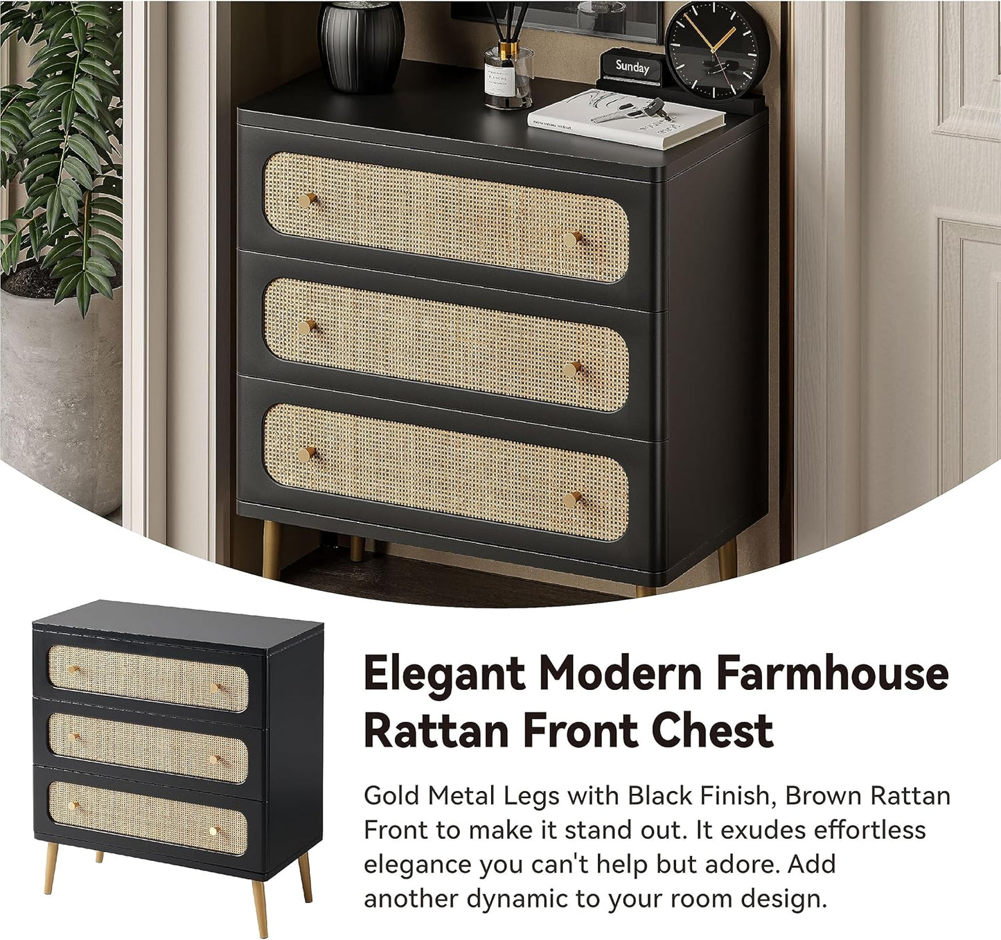 Wicker Rattan Chest of Drawers, 3-Drawer Dresser