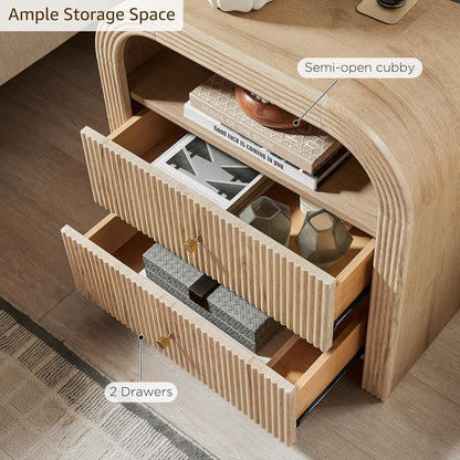 24" Fluted Nightstand Set of 2, Large 2 Drawers Bedside Table with Charging Station