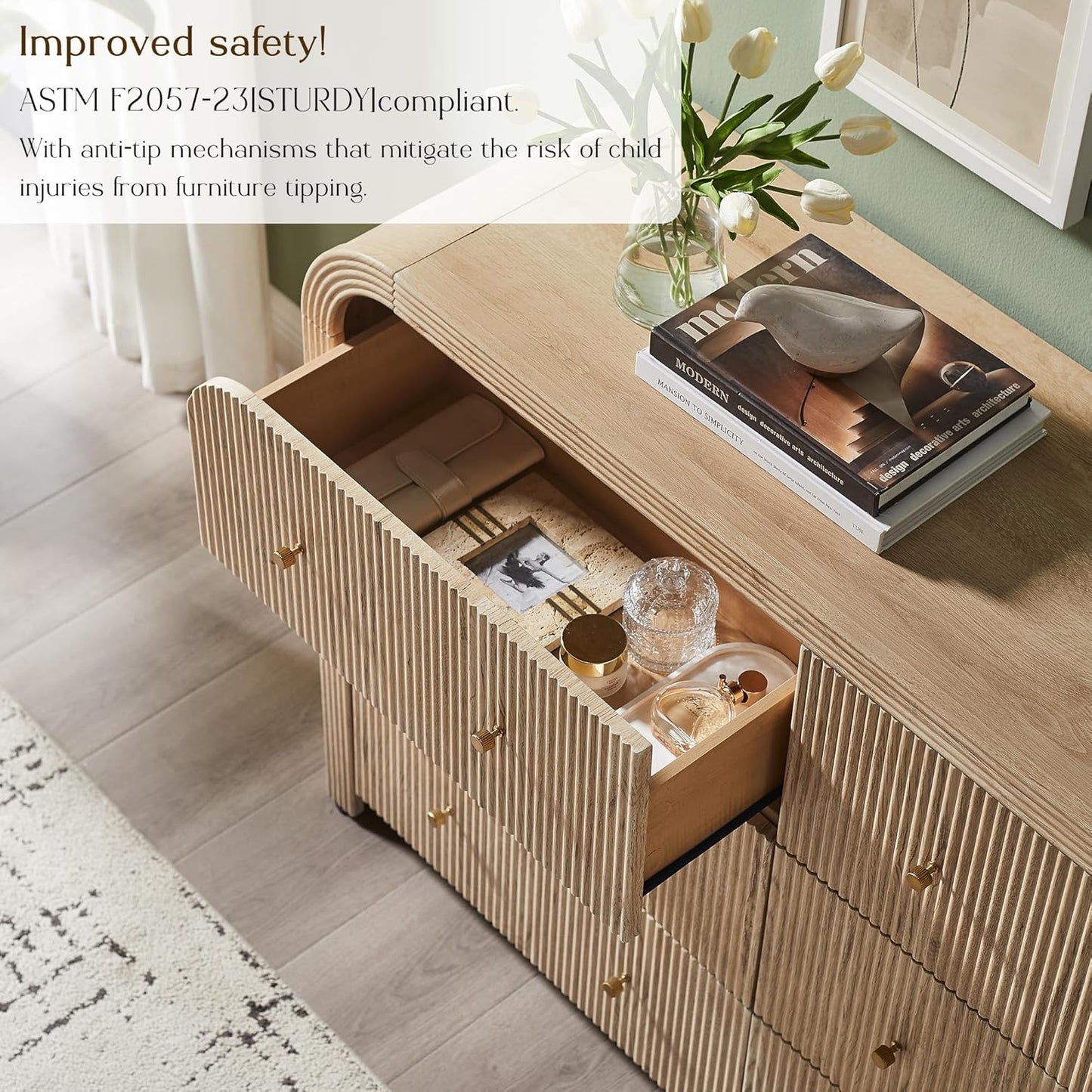 Fluted 6 Drawers Dresser for Bedroom 54" Wide Modern Chest of Drawers