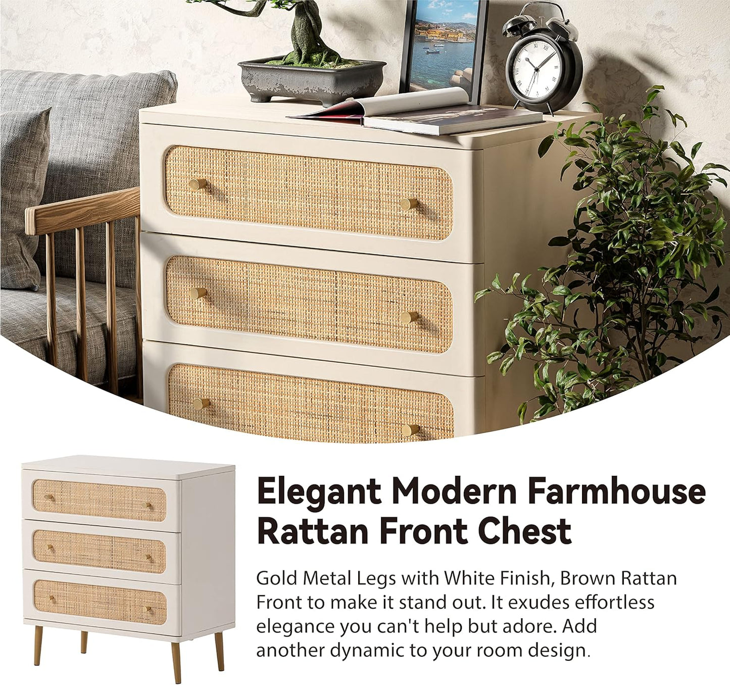 Wicker Rattan Chest of Drawers, 3-Drawer Dresser