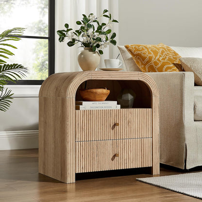 24" Fluted Nightstand Set of 2, Large 2 Drawers Bedside Table with Charging Station