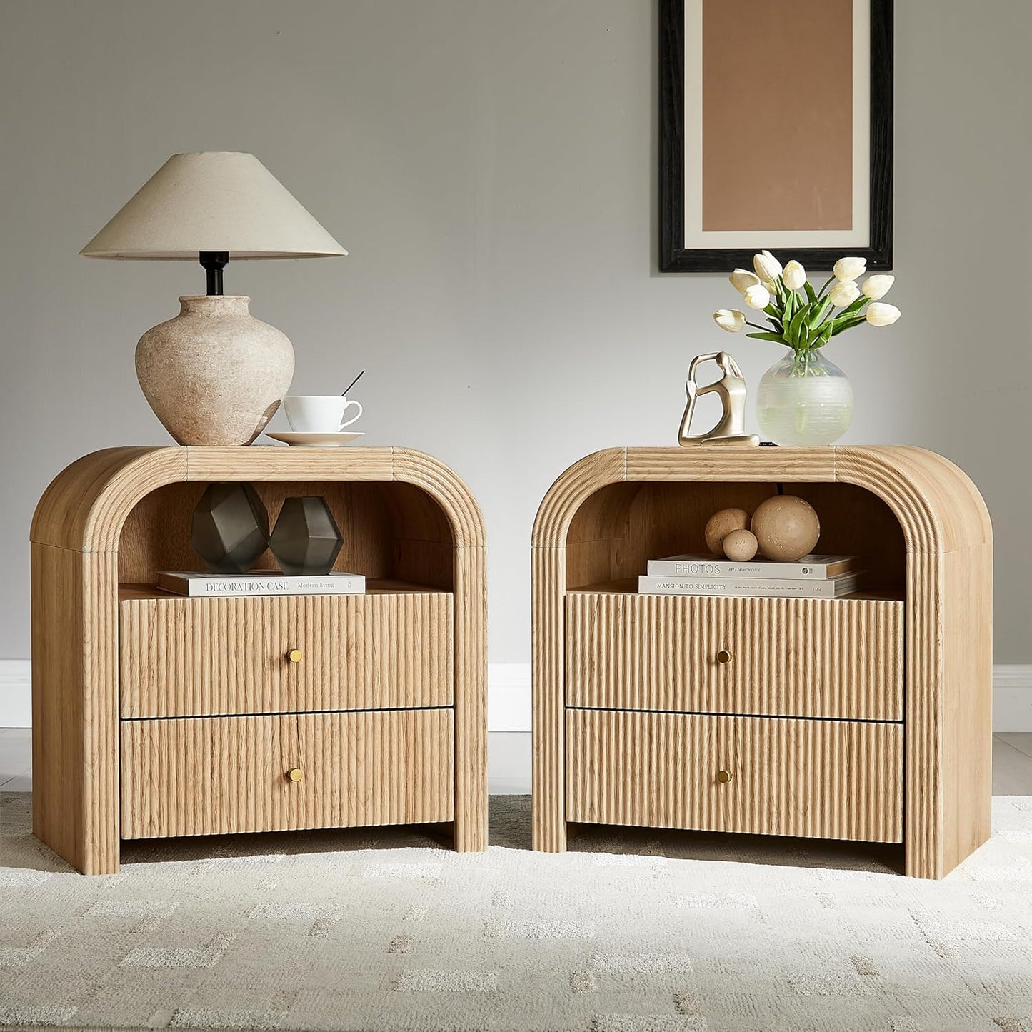 24" Fluted Nightstand Set of 2, Large 2 Drawers Bedside Table with Charging Station