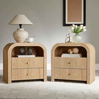 24" Fluted Nightstand Set of 2, Large 2 Drawers Bedside Table with Charging Station
