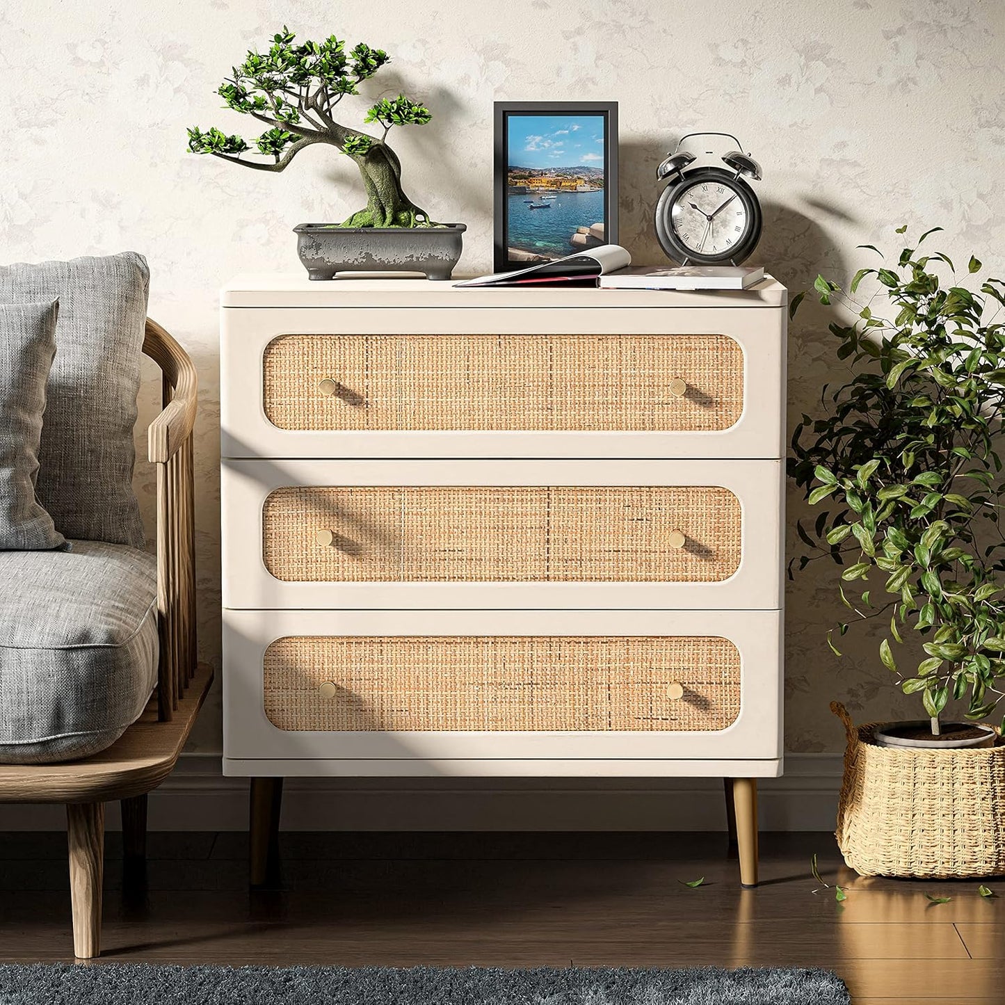 Wicker Rattan Chest of Drawers, 3-Drawer Dresser