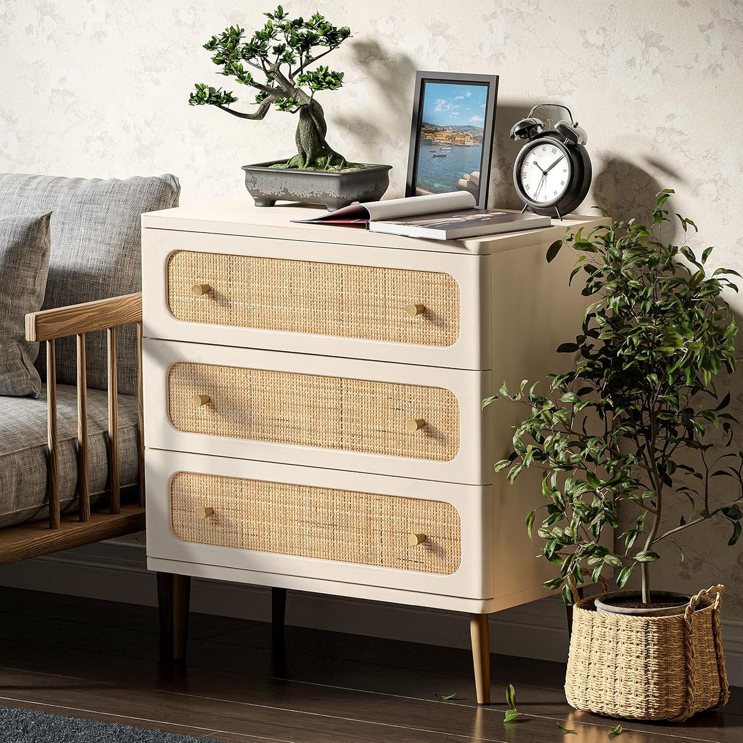 Wicker Rattan Chest of Drawers, 3-Drawer Dresser